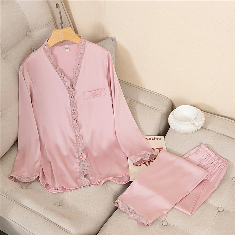 

Casual Pajamas Set Satin Sexy Women 2 Piece Sleepwear Silky Pyjamas Loungewear Solid Nightwear Spring New Bathrobe Shirt & Pants
