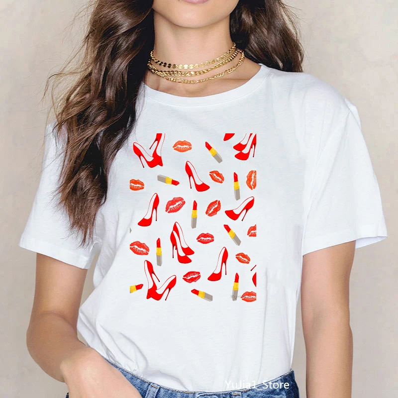 

Red lipstick printing high quality round neck T-shirt fashion ladies short-sleeved clothing summer fashionable hip-hop T-shirt
