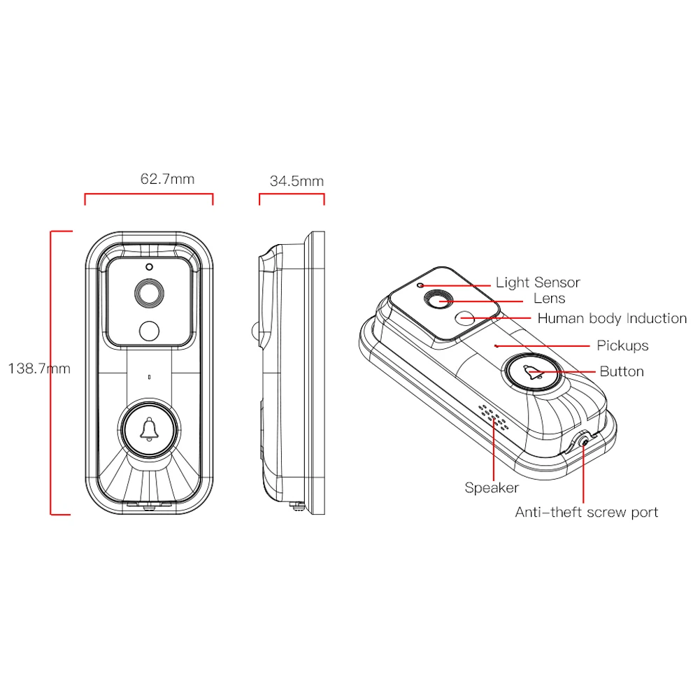 

Smart Doorbell Wireless WiFi 1080P Remote Monitoring Video Voice Two-way Intercom Anti-theft Video Doorbell THIN889