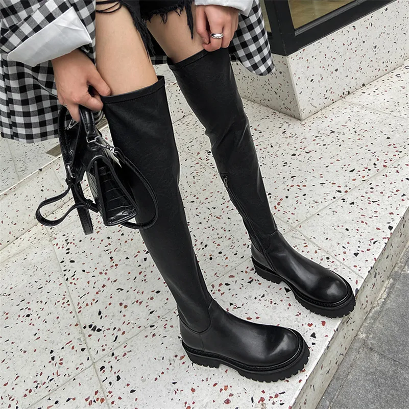 Сапоги женские из натуральной кожи на плоской платформе молнии | Обувь
