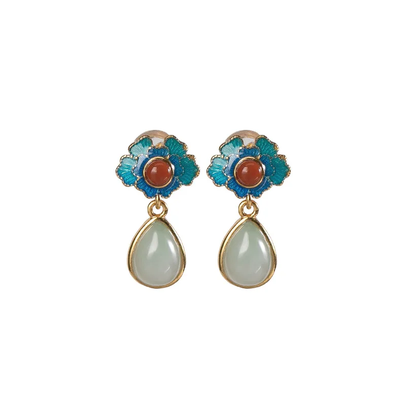 

S925 sterling silver gold plated Southern red agate Emerald Ear studs Retro Burnt Blue Cloisonne Drop-shaped Women's earrings