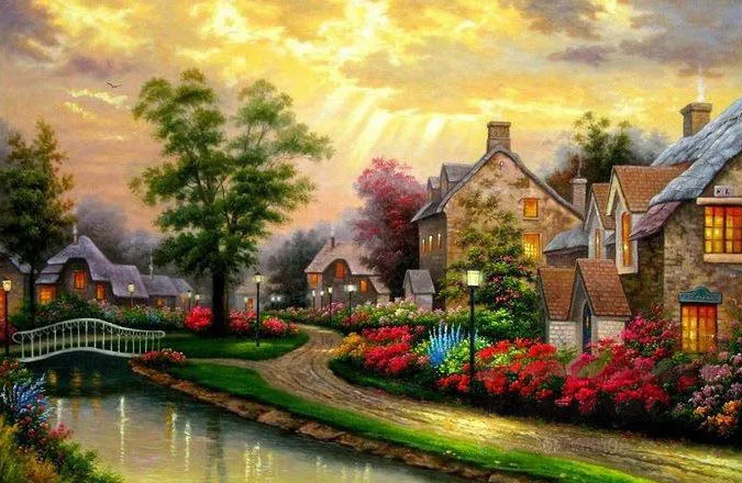 

DIY Printed Cross Stitch Needlework Living Room,Sets For Embroidery Kit Full Silk Thread Village Landscape