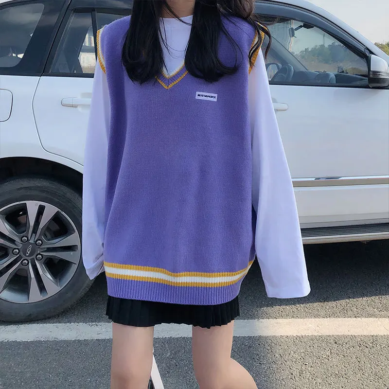 

4 Colors 2020 Autumn And Winter College Style V-Neck Color Color Matching Knitted Sleeveless Sweater Women'S Pullover Women