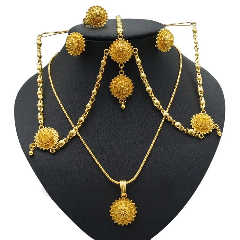 

Yulaili Fashion Ethiopia Jewelry Sets Wedding Bride Bridesmaid Two Color Necklace Earrings Ring Headwear Accessories Wholesale