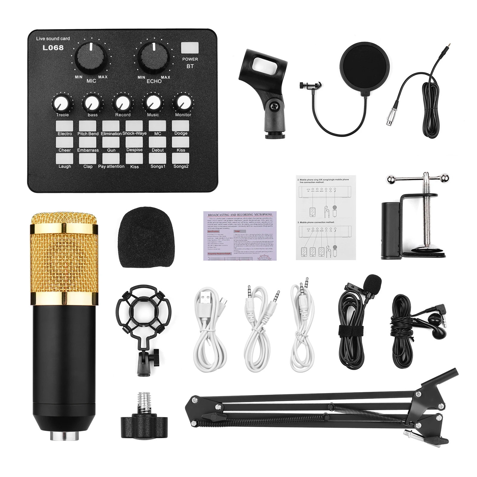 

Professional Broadcasting Studio Recording Condenser Microphone Kit with Sound Card + Mic Windscreen + Shock Mount + Suspension