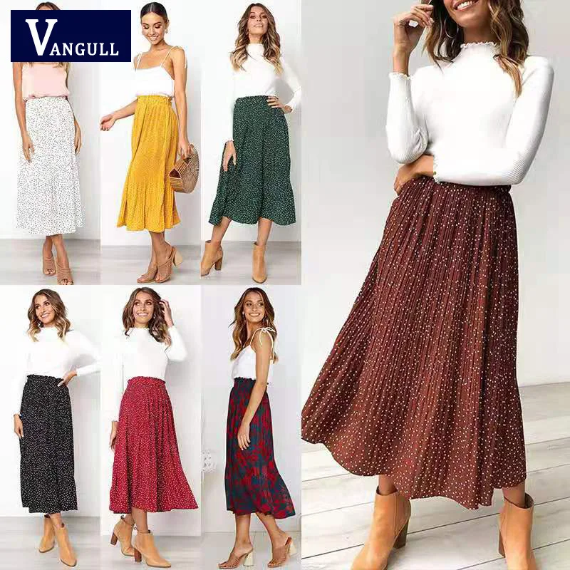 

Vangull Elegant Casual High Elastic Waist Polka Dot Pleated Skirt Bohemian Skirt Midi Maxi Swing Women Skirt with Pockets