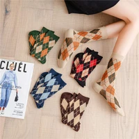 autumn winter women checkered sock vintage fashion warm middle tube cotton sock knitting home slippers 1 pair