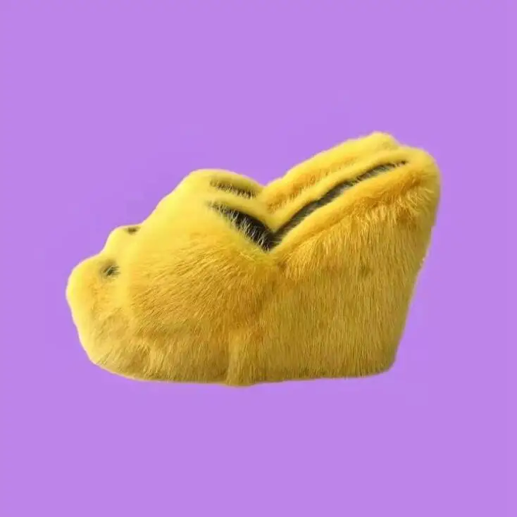 2022 Autumn New Women Round Head Wedges with Mink Fur Slippers Feminine High-heeled Fur Drag Outdoor All-match Shoes Slippers