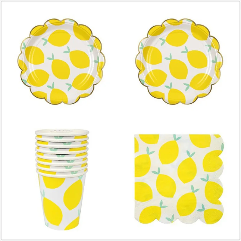 Disposable Tableware Party Supplies Paper Straw/Plate/Cup/Napkins Yellow Lemon Birthday Decorations Adult For Wedding | Дом и сад