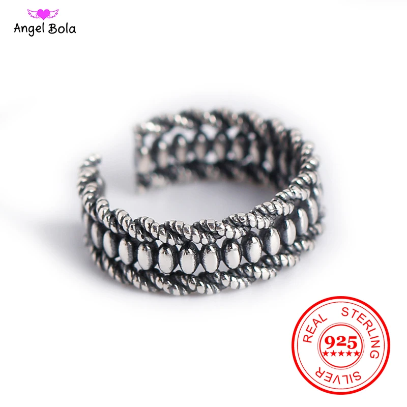 

925 Sterling Silver Open Ring for WomenTwist Geometric Oval Beads Wide Face Lady Rings Bijoux Femme Adjustable Rings