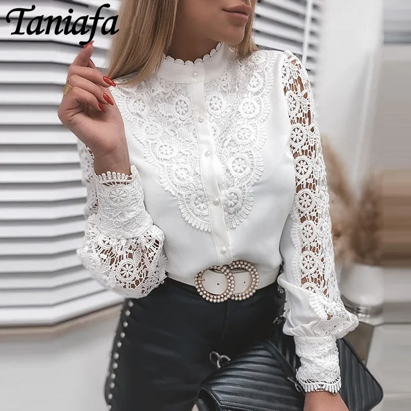 

Women Ladies Blouse Lace Long Sleeve T-shirt V-neck Button Shirt Femme Casual Tops Plus Size Clothes