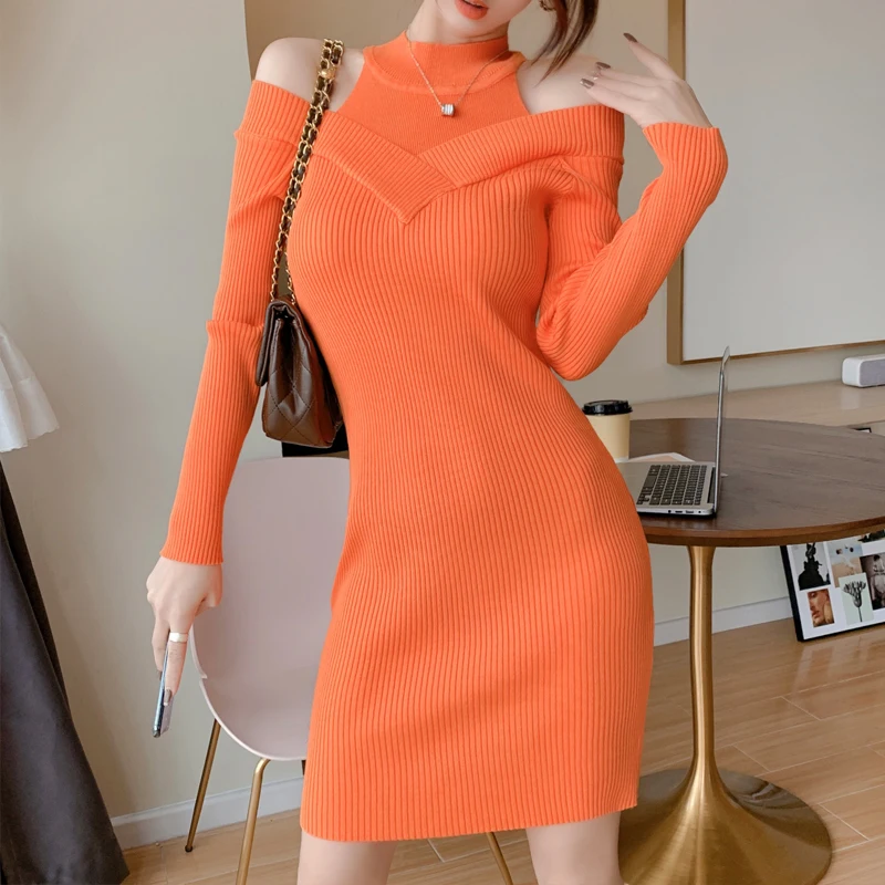 

Halter Sweater Dress Women's Off Shoulder Slim Knitted Long Sleeve Mini Dresses Female Sexy Clothing