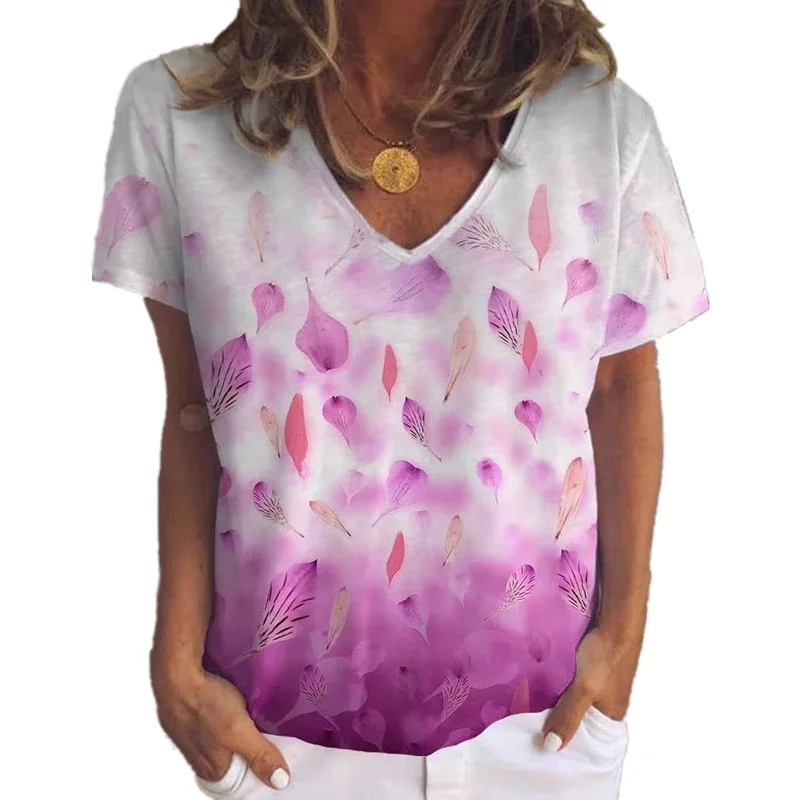 

Plus Size Womens Clothing Loose Summer Tops Short Sleeve V-Neck Leaf Printed Pullover T-Shirts