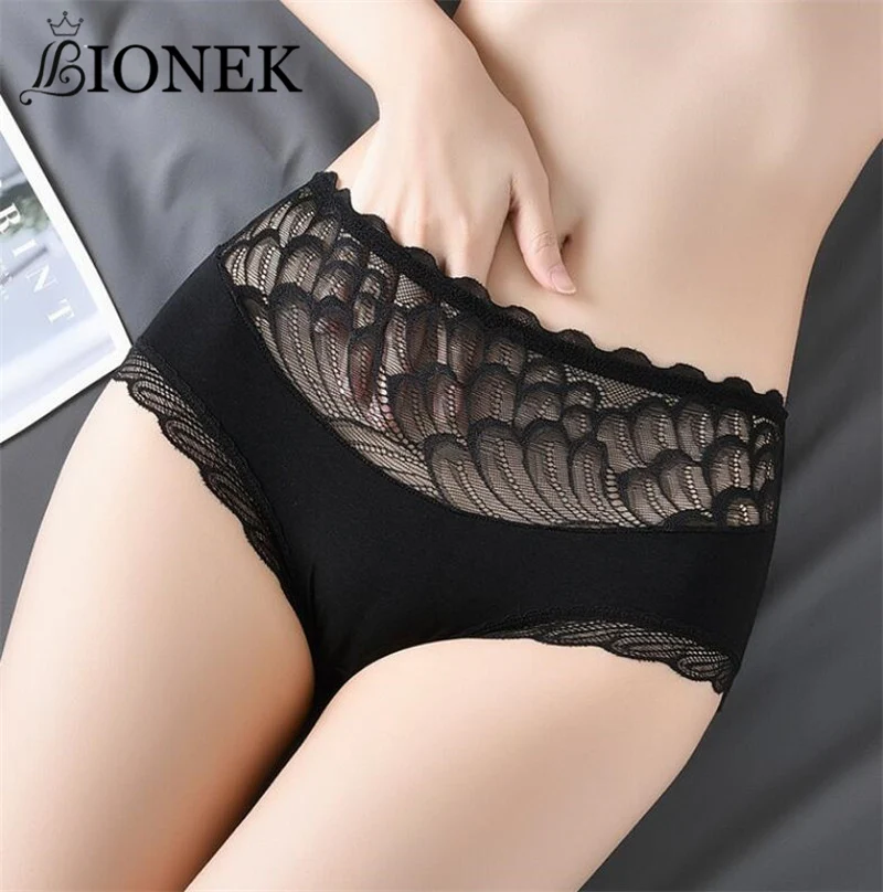 

BIONEK Underwear Women Panties Sexy Mid-Waist Waves Lace Briefs Cotton Translucent High-Elasticity Female Underpants Lingerie