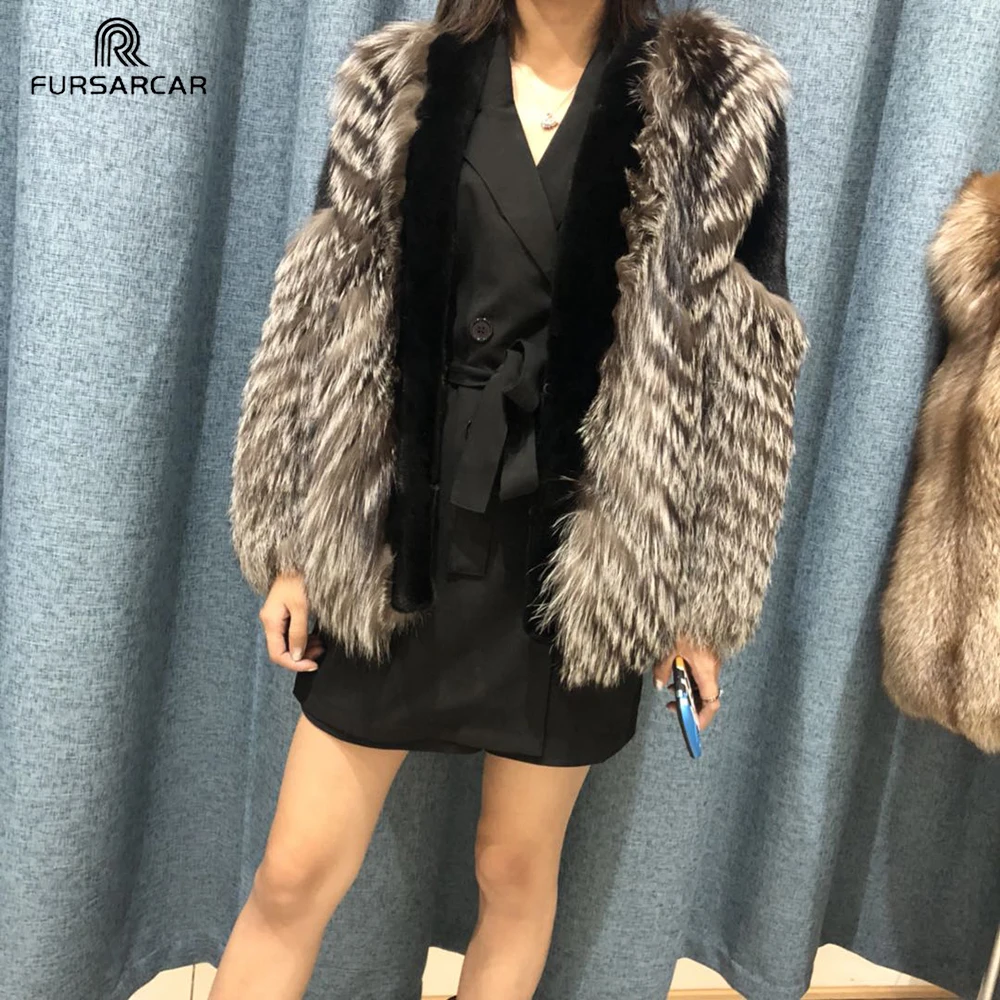 

Модное зимнее пальто из Меха чернобурки FURSARCAR из натуральной овечьей кожи, куртки из цельного натурального Лисьего меха, теплая верхняя одежда
