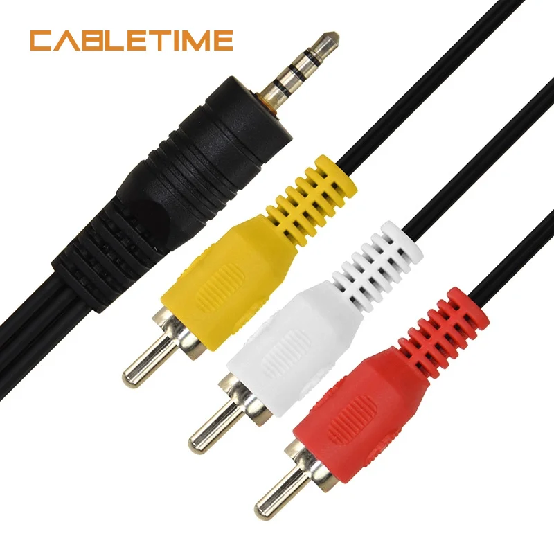 Кабель CABLETIME 3 5 мм на RCA AV угловой стерео 4 полюсный аудио видео кабель 3RCA штекер