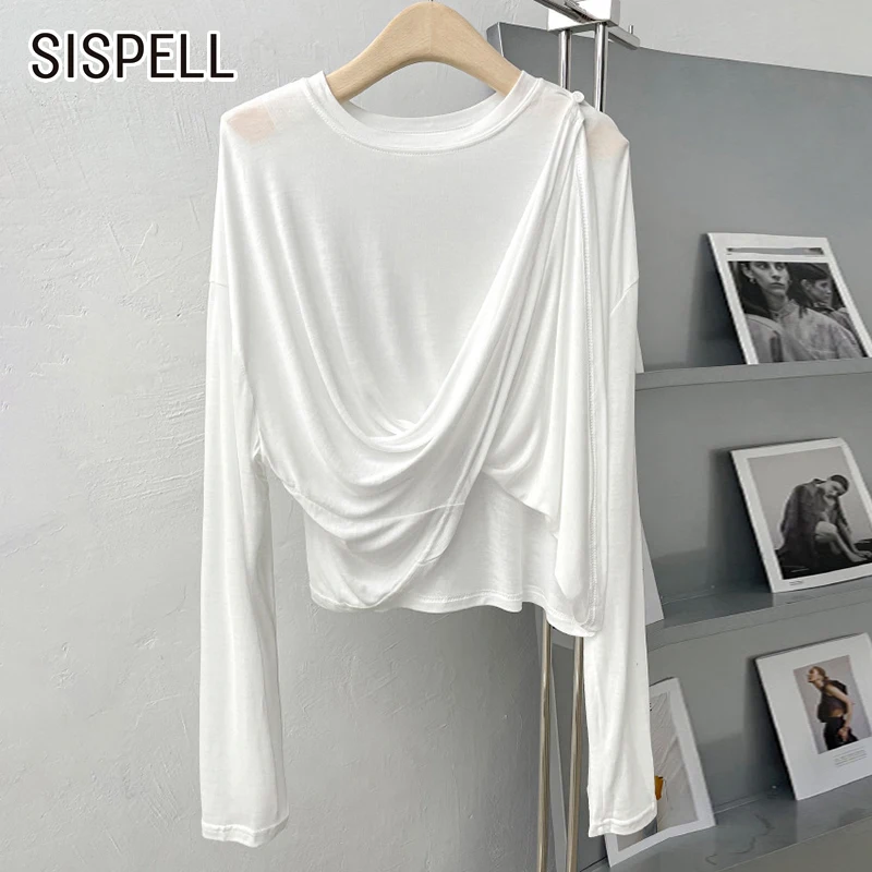

Женская плиссированная футболка SISPELL, свободная однотонная Повседневная футболка с круглым вырезом и длинным рукавом, для осени, 2021