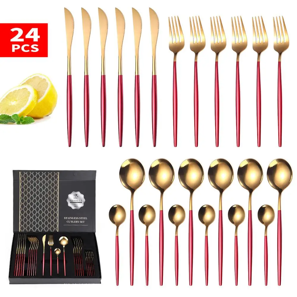 

Food Grade Stainless Steel Luxury Tableware Set 24pcs Knife Fork Spoon Gold Dinnerware Set Dishwasher Safe