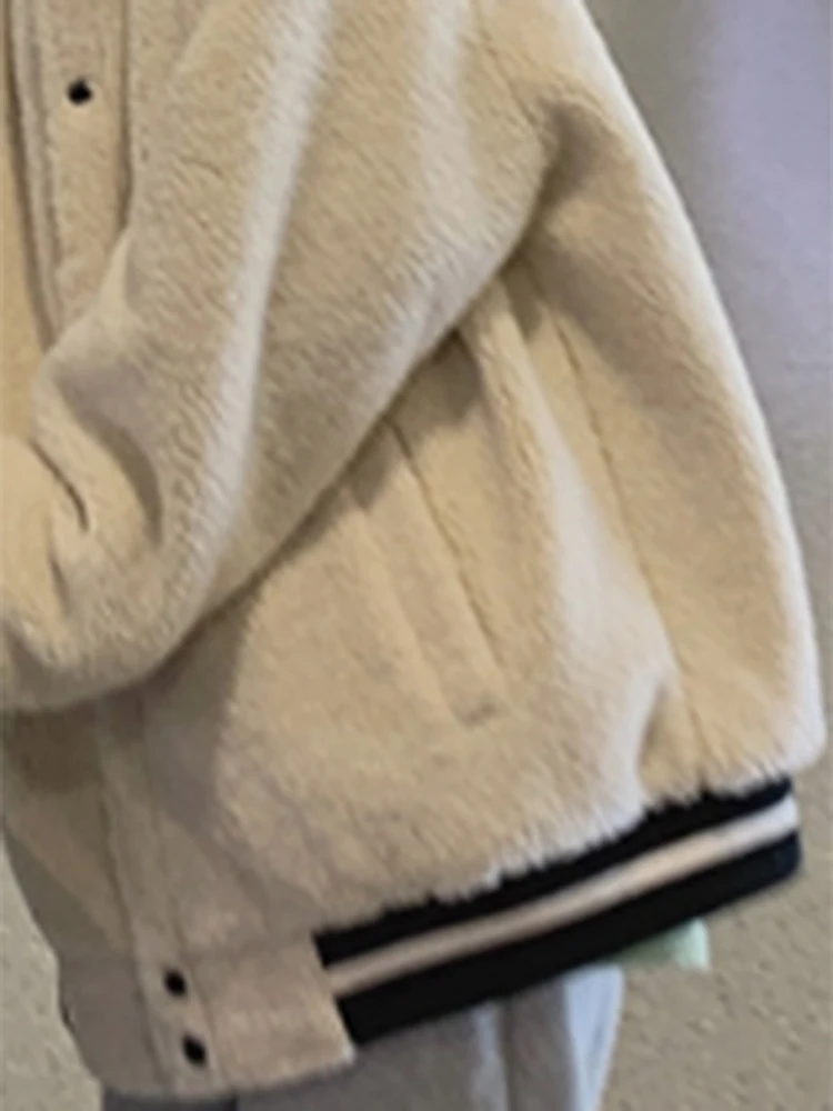 

Lautaro Autumn oversized teddy bear bomber jacket women long sleeve faux fur baseball jacket women