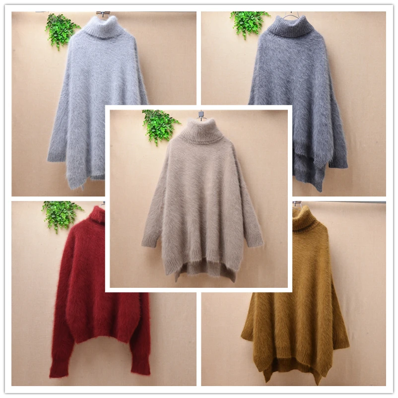 Женская свободная кашемировая водолазка из меха ангорской шерсти с длинным