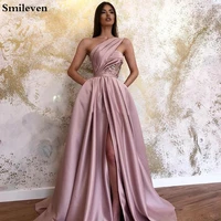 smileven dirty pink evening dress a line prom gowns one shoulder evening party dress side split robe de soiree