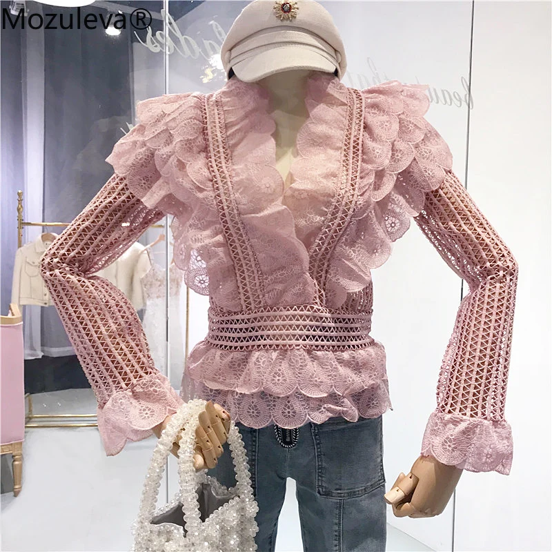 

Mozuleva Runway Women Pink Layers Ruffles Shirt Blusas Spring Fashion Lace Hollow Out Ladies V Neck Blouse Slim Flare Sleeve Top