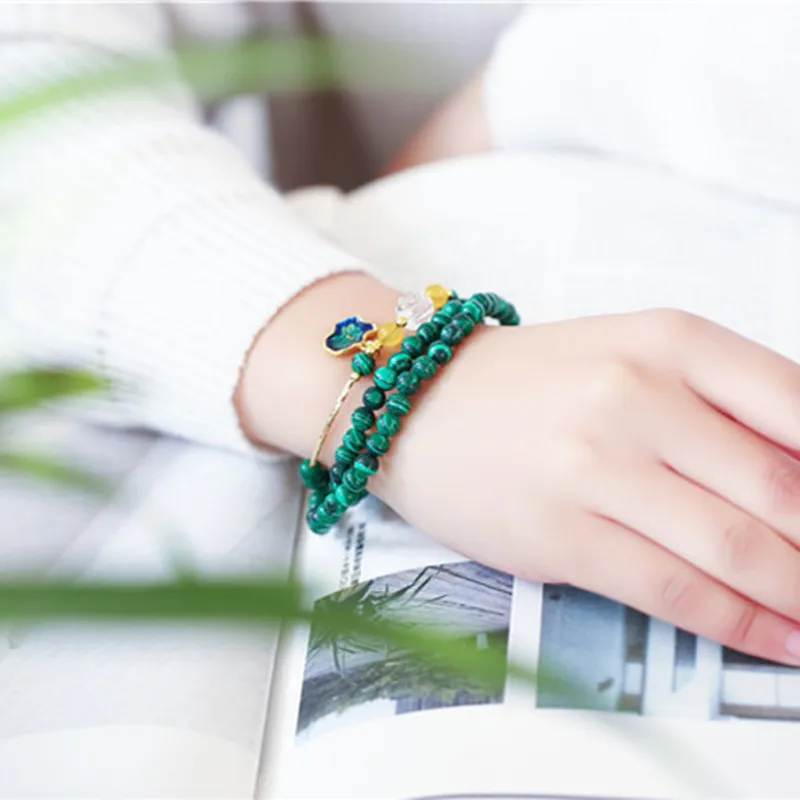 Натуральный малахит камень бисером браслеты с эмалью женщин 6 мм Шарм Кристалл