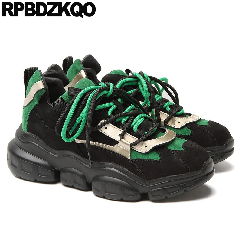 Женские замшевые кроссовки на платформе толстая подошва высокий каблук зеленые