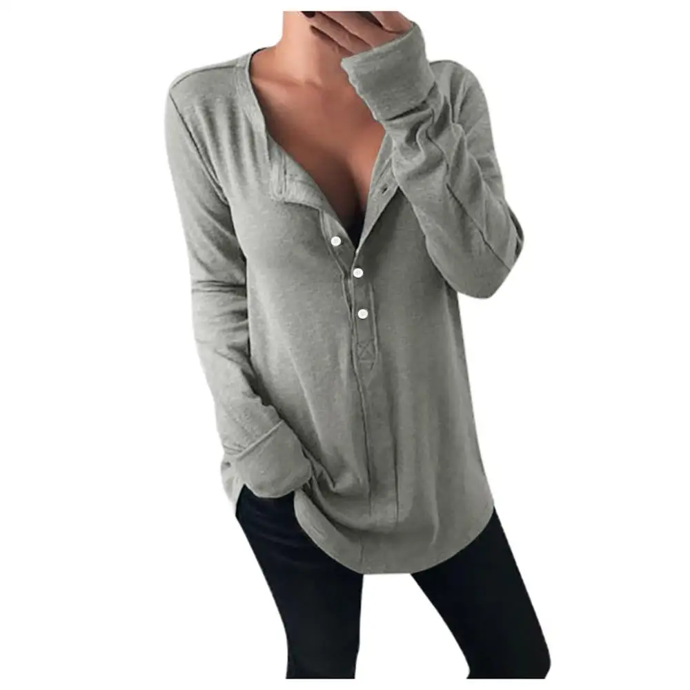 

Autumn/winter fashion Long sleeve fishnet T-shirt with V-neck plain color button top camiseta manga larga mujer t shirt femme