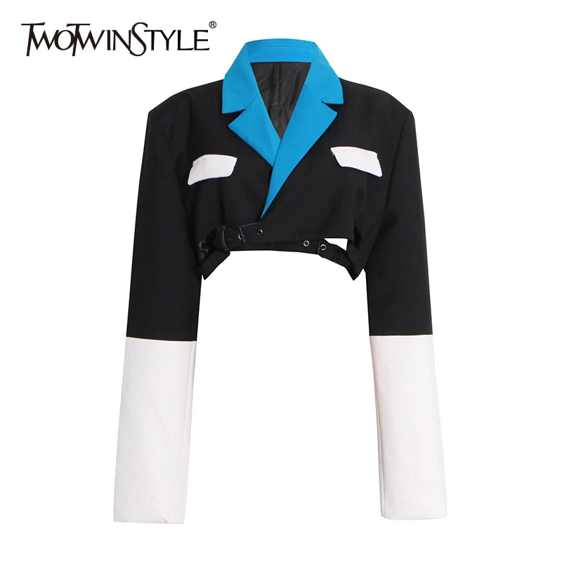 

TWOTWINSTYLE Patchwork Colorblock Coats For Female Lapel Collar Short Sleeve Cropped Women's Coat Fashion Streetwear New 2021