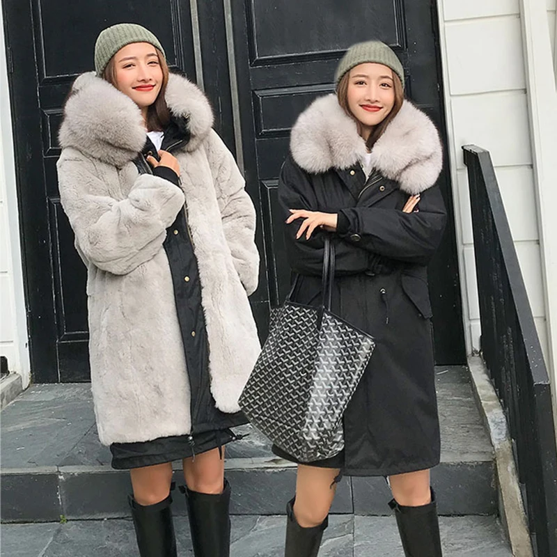 

Winter New Waterproof parka Women Real Fur Coat X-Long Real Rabbit Fur Liner Fox Fur Collar Hooded Thick Warm Jackets