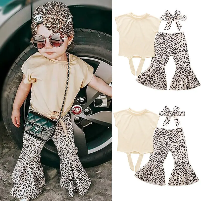 

Fashion Kids Baby Girl Clothes Sets Summer 3Pcs Solid T-Shirt+Leopard Flare Trousers+Headband Outfits Kids Girl Cotton Sets 0-5Y