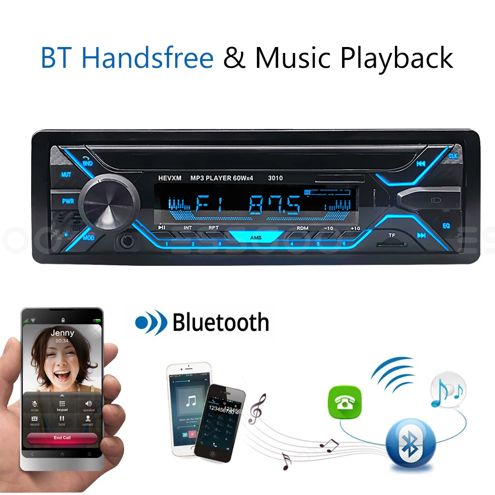Фото Автомагнитола ESSGOO 1 Din, Bluetooth-радио, Автомобильный MP3-плеер 4x60 Вт, поддержка FM, AUX, TF, 7 цветов, изменение звука, воспроизведение музыки №5