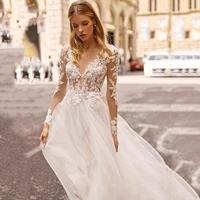 wedding dresses appliqued long sleeves lumbar lace bridal gown backless high split ruffle sweep train robes de mari%c3%a9e