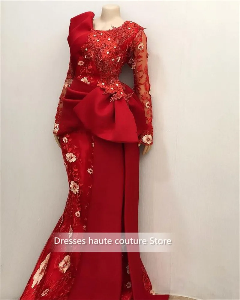 

Роскошные африканские кружевные вечерние платья с длинным рукавом 2021 Aso Ebi вечерние платья с длинными рукавами плиссированные красные вече...