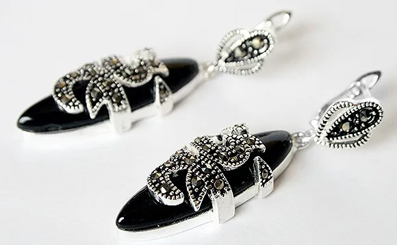 

11/2" New 925 Sterling Silver & Marcasite inlay Natural BlackNatural jade fashion Earrings Natural bread silver big earrings