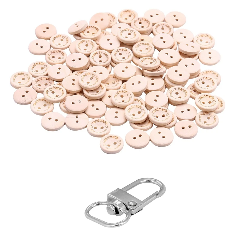 

10Pcs Swivel Carabiner Hook Silver Key Chain 18Mmx33 Mm With 100Pcs Hand Made With Love Sewing Wood Button 15Mm