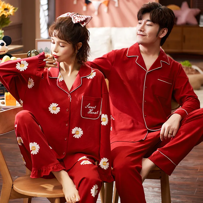 

Spring Autumn New Couple's Pajamas Pure Cotton Dahong Wedding Long Sleeve Two Piece Cotton Suit Benmingnian Household Clothes