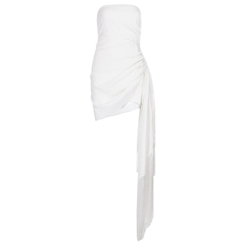 Max Spri Новое сексуальное бандо без бретелек Ruched wrap Fringe белое платье женская одежда Подиум мини платье