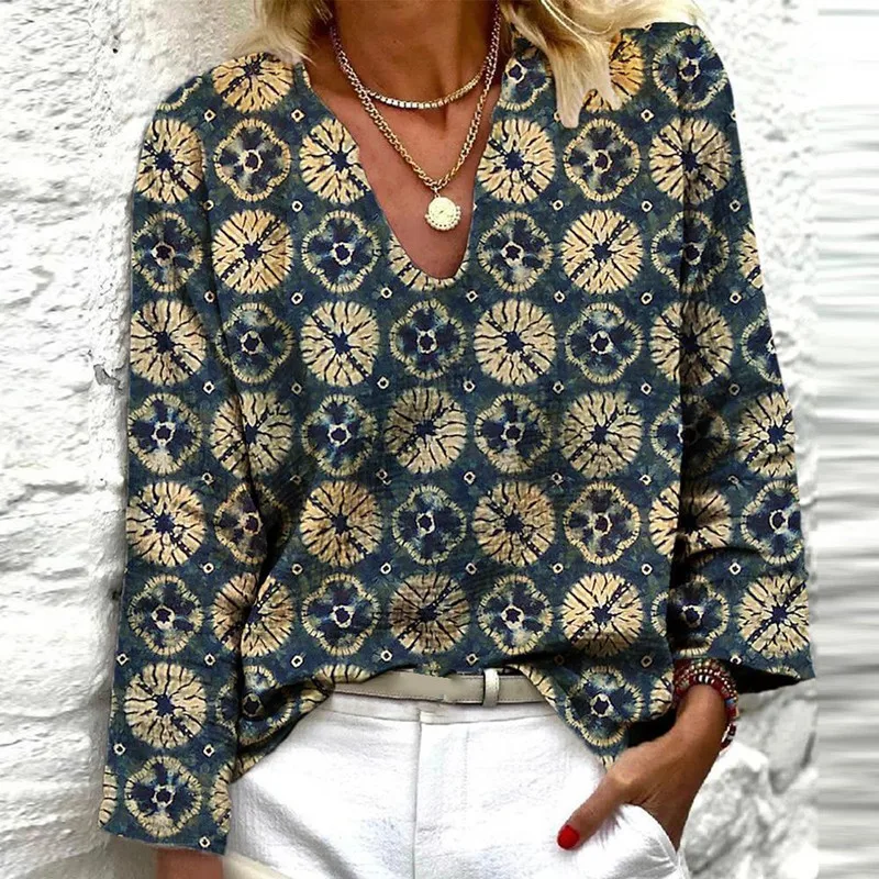 

Vintage Geometry Printed Women Blouse Sexy V Neck Long Sleeve Loose Shirt Oversize Shirts Spring Autumn Y2K Blouses