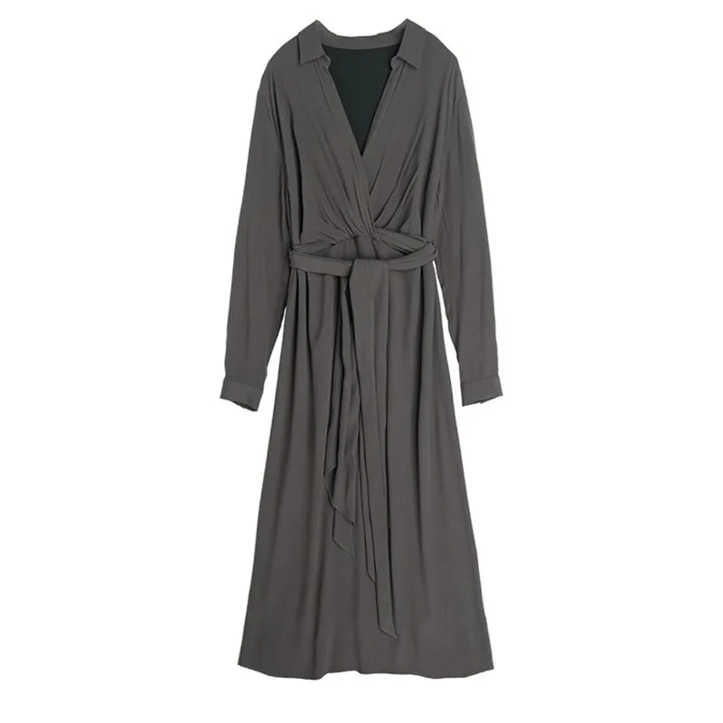 

Mazefeng New 2020 Autumn Winter Women Dresses Long Sleeve Sashes Lace Up Female V-Neck Prairie Chic Elegant Midi Solid Female