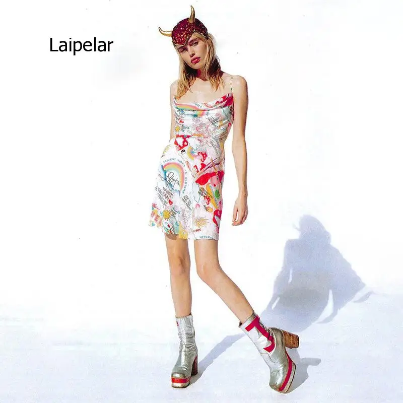 

Cute Draw Print Colorful Streetwear Mini Dress Sleeveless Sexy Fashion Outfit Women 2021 Summer Party Club Clothes