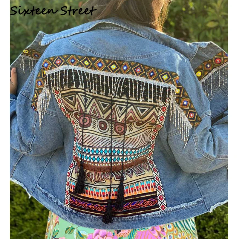 Boho джинсовая куртка с кисточками и вышивкой в этническом стиле винтажная куртка женская народная украшенная куртка оверсайз пальто Цыганская Chaqueta