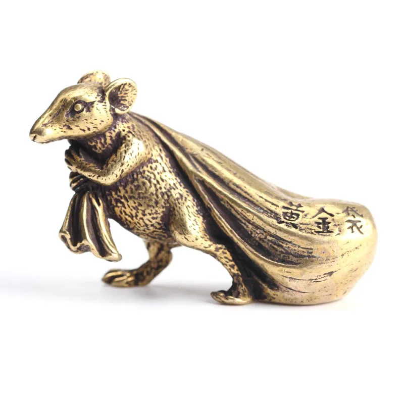 Китайский Fengshui ручной работы латунные крысы украшения мышь держит сумку статуя