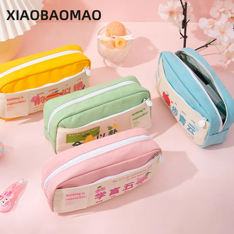 Portable canvas pencil case School supplies storage bag Double layer pencil bag student pen bag cute pen case kid Stationery bag