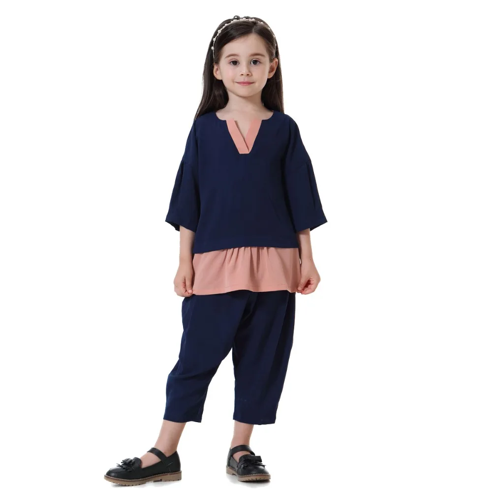 

Turkey Muslim Girls 2pcs Sets Kids Tops Pants Suits Half Sleeve Shirts Trousers Islamic Clothing Arab Robe Gowns Jubah Ramadan