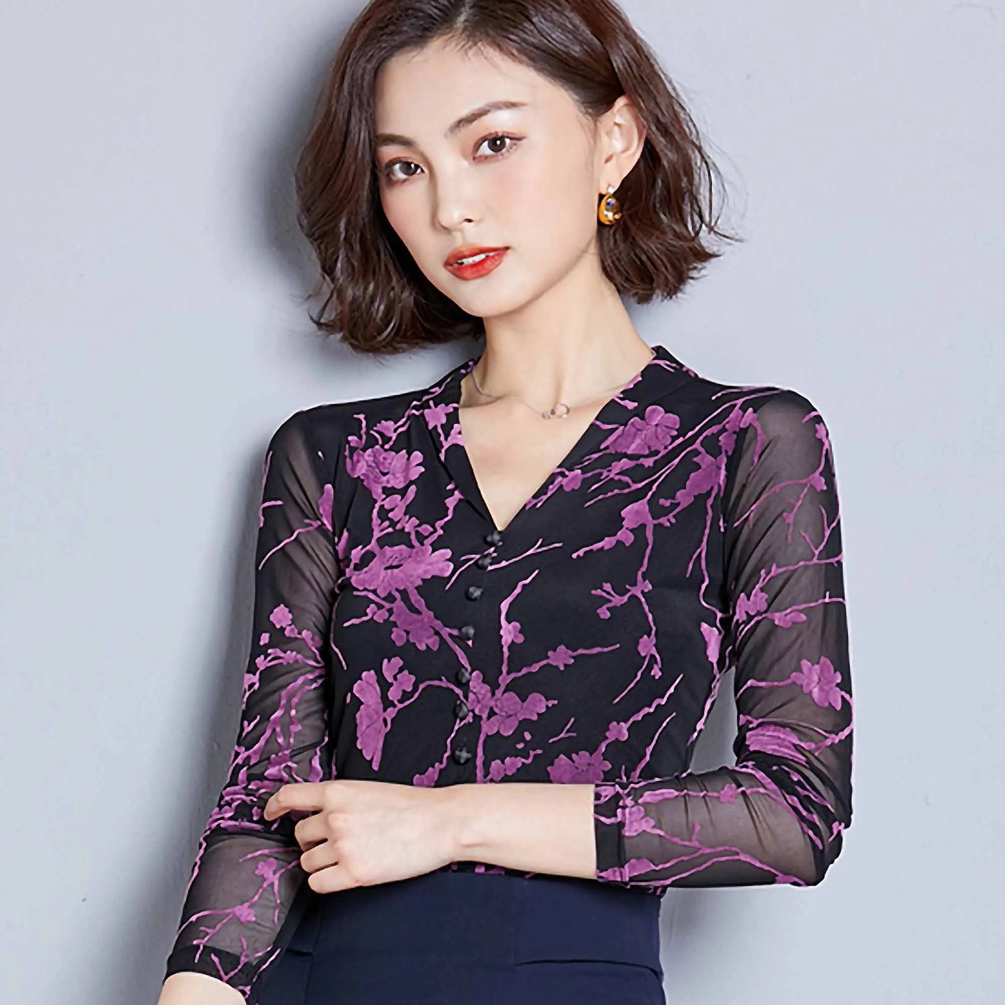 Фиолетовый blusas mujer de moda autumn print long sleeve camisa V-neck purple mesh shirt blouse women tops plus size casual blusas - Цвет: Фиолетовый