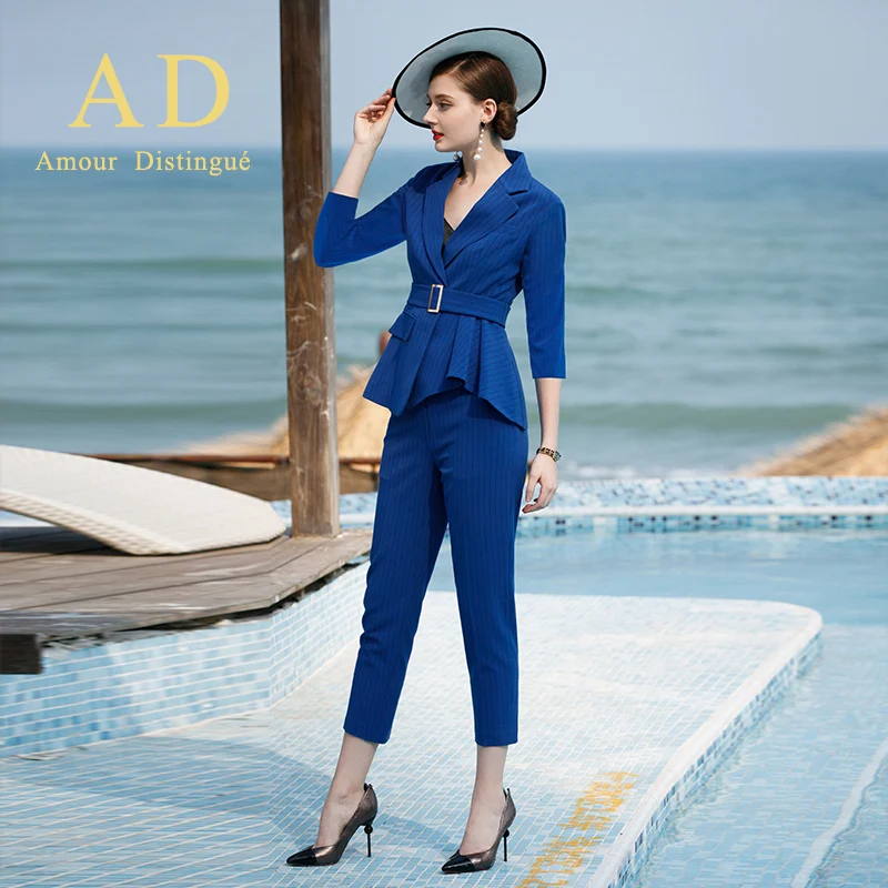 Женский офисный костюм s деловой для женщин размера плюс блейзер в синюю полоску