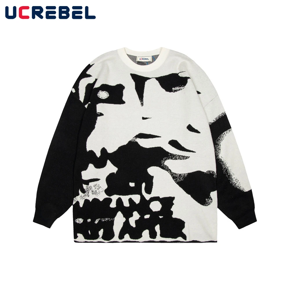 

Свитер жаккардовый мужской с абстрактным рисунком, Свободный вязаный свитер с градиентом, уличная одежда, Повседневный пуловер с длинным р...