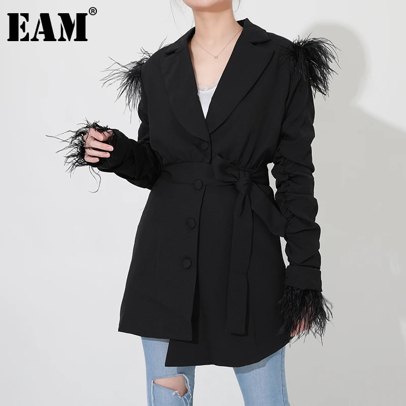 

[EAM] Women Pleated Feather Irregular Blazer Dress New Notched Long Sleeve Loose Fit Fashion Tide Spring Autumn 2022 1DA24201